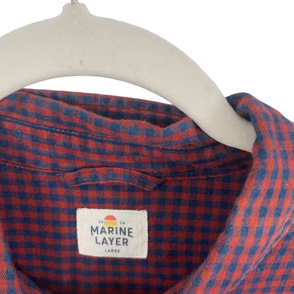 Marine Layer Blue Red Plaid Long Sleeve Button Down Shirt 100% Cotton Mens Large - Picture 4 of 7